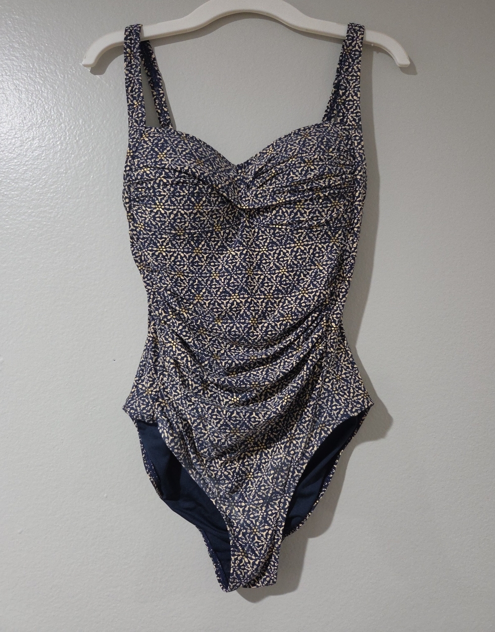 Navy Patterned Ruched One-Piece Swimsuit
